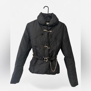 MaxMara Black Puffer Jacket with Fireman clasps and chain Detail